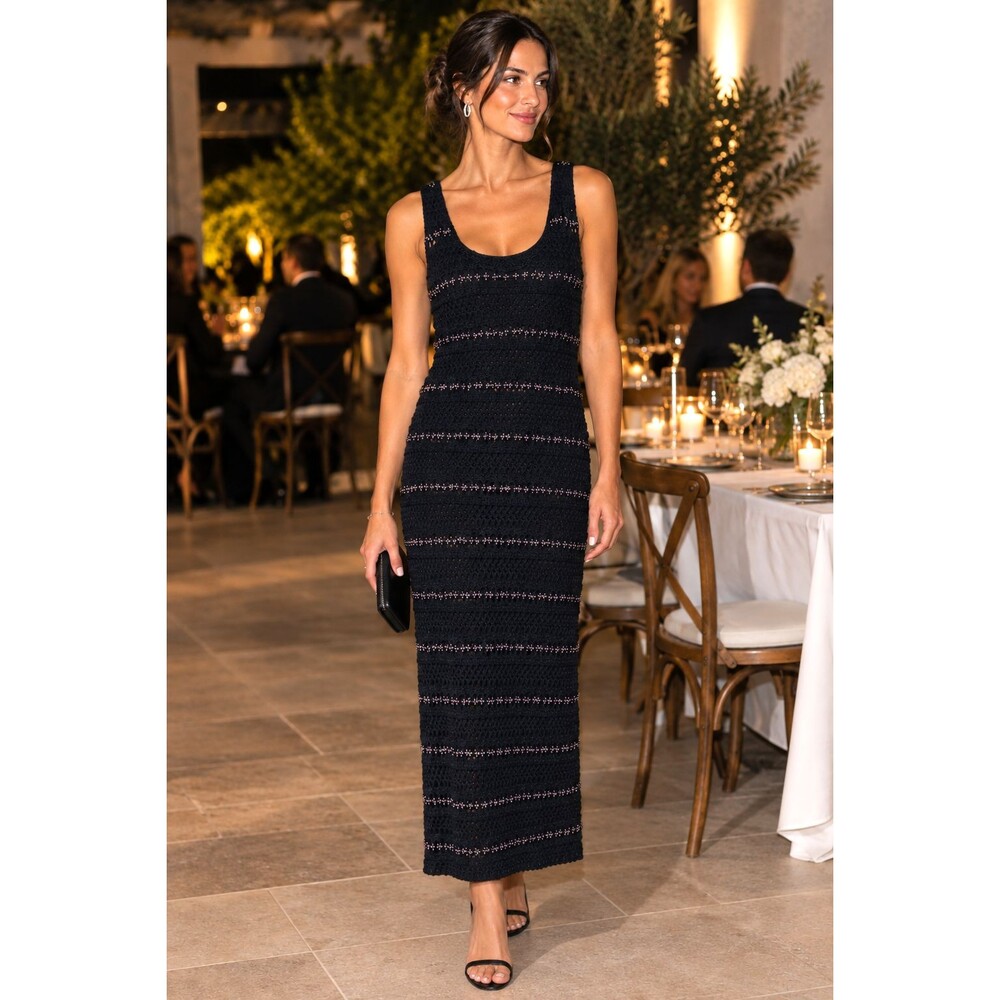NWOT Zara Silver Metallic Beaded Black Crochet Knit Maxi Dress Women Size M (B6)